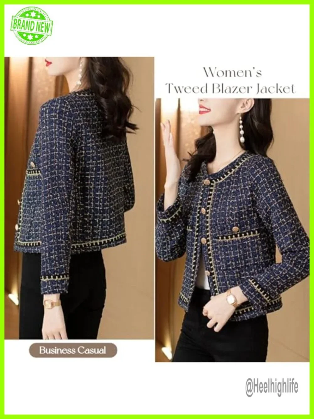 Elegant Tweed Blazer Jacket - Long Sleeve Round Neck Business Casual Short Coat